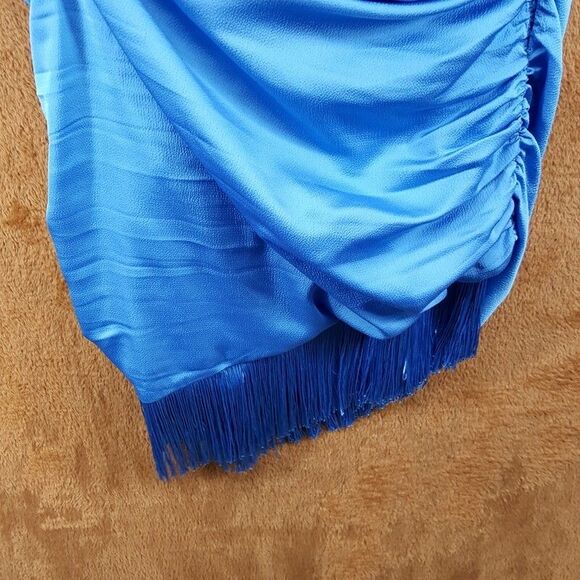 SAYLOR Cocktail Dress Womens Medium Blue One Shoulder Satin Fringe SAINTE - Picture 3 of 9